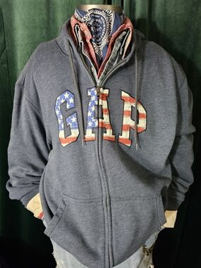 GAP Men's Zip Hoodie in Navy with American Flag Logo